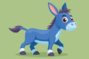 A cheerful blue donkey happily walking with a playful expression against a light green background in a cartoon-style illustration vector