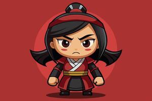 A determined animated character dressed in a red outfit stands confidently against a striking red background vector