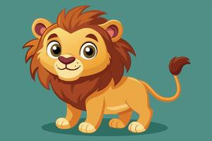 Cute cartoon lion standing cheerfully against a solid green background, showcasing its bright eyes and playful expression vector