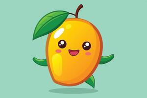 A cheerful cartoon mango with a smile and leaves, set against a soft green background, bringing joy to any fruit lover vector