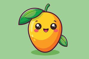 Cute cartoon character of a smiling mango with rosy cheeks and green leaves on a light green background, ideal for children's designs vector