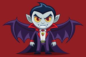 A cartoon vampire character with a cape, sharp fangs, and menacing eyes stands confidently against a red background vector