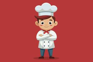 A cheerful young chef in a white uniform and tall hat crossing arms confidently against a red background in a playful kitchen setting vector