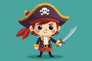 A cheerful cartoon pirate character with a sword and vibrant attire posing confidently on a colorful background vector