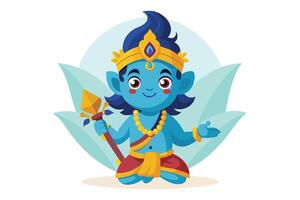 A cute blue deity figure with a crown, jewelry, and a scepter, seated on a leaf with a friendly expression, ready to bless devotees vector
