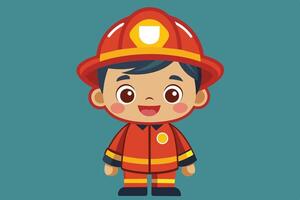A cheerful young boy dressed as a firefighter, ready for adventure, featuring a red uniform and helmet against a solid background vector
