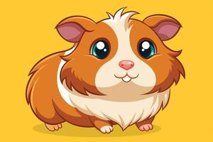 A cute cartoon guinea pig with fluffy fur and big eyes sitting on a yellow background, showcasing its friendly expression vector