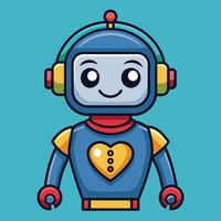 Cute cartoon robot character with a heart design and headphones on a teal background in a playful and friendly pose vector