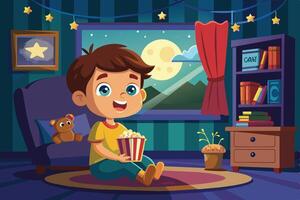 A cheerful boy enjoying popcorn while sitting on the floor in his cozy room with a mountain view and a full moon at night vector