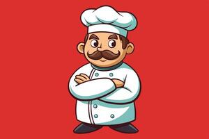 A cheerful cartoon chef with a mustache wears a white uniform and hat while posing confidently against a bright red background vector