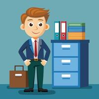 A young businessman stands confidently in an office with a desk and filing cabinet, ready for a productive day at work vector