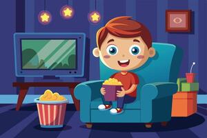 A cheerful child sitting on a blue chair enjoying popcorn while watching television in a cozy living room at night vector