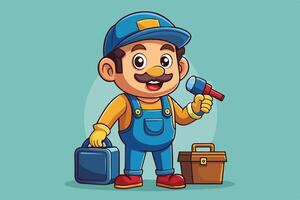 Playful cartoon character in overalls holding a microphone and surrounded by tools in a colorful background vector