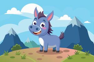 A cheerful cartoon donkey stands in a colorful landscape with mountains and clouds in the background during a bright sunny day vector