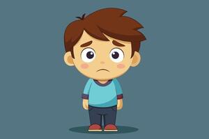 A sad cartoon boy standing alone, expressing feelings of uncertainty with a muted expression and simple clothing against a plain background vector