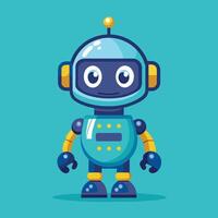A cheerful cartoon robot with big eyes and colorful features standing against a bright turquoise background vector