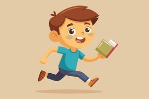 A joyful child runs energetically while holding a book in a playful manner, showcasing a love for reading and curiosity vector
