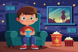 A young boy enjoys popcorn while watching a movie at home in a cozy room with starry decor during a nighttime setting vector