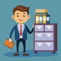 A cheerful business professional stands beside a filing cabinet in a modern office setting while holding a briefcase and wearing formal attire vector