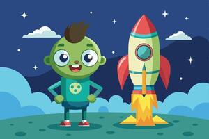 A cheerful green character stands confidently next to a colorful rocket under a starry sky with clouds, ready for an adventure in space vector