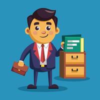 Professional character holding a briefcase and standing next to a storage cabinet filled with files against a blue background vector