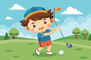 A young boy enjoys a sunny day playing golf on a lush green field while smiling and practicing his swing in a vibrant landscape vector