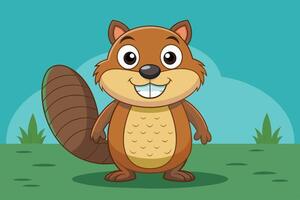 A cheerful cartoon squirrel with a friendly smile standing in a sunny green field surrounded by gentle hills and trees vector
