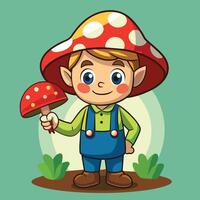 A cheerful young elf in a colorful mushroom hat holding a red mushroom, surrounded by green plants in a whimsical forest setting vector