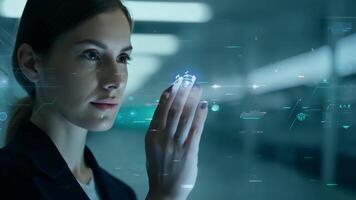 Young girl manager businesswoman interacts with AI AR holographic interface UI science research female scientist modern technology lab VR virtual reality artificial intelligence network video