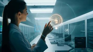 Young girl manager businesswoman interacts with AI AR holographic interface UI science research female scientist modern technology lab VR virtual reality artificial intelligence network video