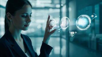 Young girl manager businesswoman interacts with AI AR holographic interface UI science research female scientist modern technology lab VR virtual reality artificial intelligence network video
