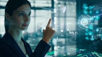 Young girl manager businesswoman interacts with AI AR holographic interface UI science research female scientist modern technology lab VR virtual reality artificial intelligence network video