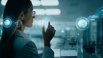 Young girl manager businesswoman interacts with AI AR holographic interface UI science research female scientist modern technology lab VR virtual reality artificial intelligence network video