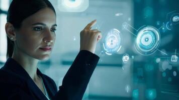 Young girl manager businesswoman interacts with AI AR holographic interface UI science research female scientist modern technology lab VR virtual reality artificial intelligence network video