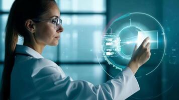 Young girl manager businesswoman interacts with AI AR holographic interface UI science research female scientist modern technology lab VR virtual reality artificial intelligence network video