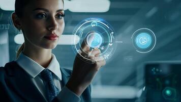 Young girl manager businesswoman interacts with AI AR holographic interface UI science research female scientist modern technology lab VR virtual reality artificial intelligence network video