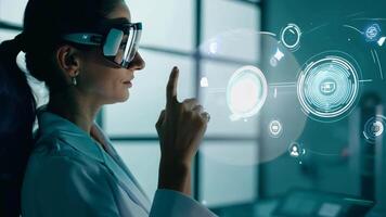 Young girl manager businesswoman interacts with AI AR holographic interface UI science research female scientist modern technology lab VR virtual reality artificial intelligence network video
