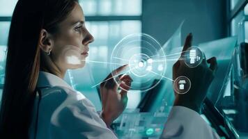 Young girl manager businesswoman interacts with AI AR holographic interface UI science research female scientist modern technology lab VR virtual reality artificial intelligence network video