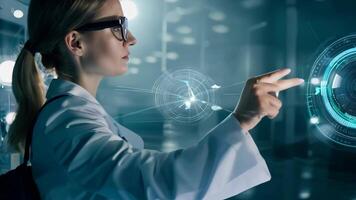 Young girl manager businesswoman interacts with AI AR holographic interface UI science research female scientist modern technology lab VR virtual reality artificial intelligence network video