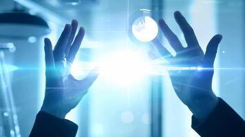 Hands interacting with futuristic digital interface display UI hologram glowing virtual reality smart glass projection AR VR AI technology information statistics business audit video