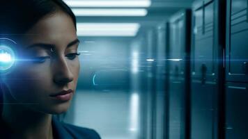 Woman IT specialist engineer system administrator server room backend software hardware female girl security cloud computing AI training expert specialist technology data analyst network video