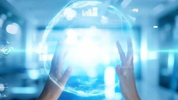Hands interacting with futuristic digital interface display UI hologram glowing virtual reality smart glass projection AR VR AI technology information statistics business audit video