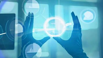 Hands interacting with futuristic digital interface display UI hologram glowing virtual reality smart glass projection AR VR AI technology information statistics business audit video