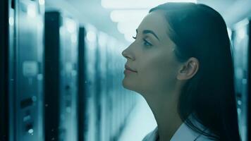 Woman IT specialist engineer system administrator server room backend software hardware female girl security cloud computing AI training expert specialist technology data analyst network video