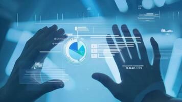 Hands interacting with futuristic digital interface display UI hologram glowing virtual reality smart glass projection AR VR AI technology information statistics business audit video