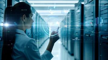 Woman IT specialist engineer system administrator server room backend software hardware female girl security cloud computing AI training expert specialist technology data analyst network video