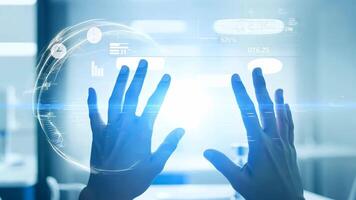 Hands interacting with futuristic digital interface display UI hologram glowing virtual reality smart glass projection AR VR AI technology information statistics business audit video