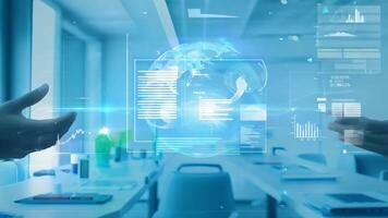 Hands interacting with futuristic digital interface display UI hologram glowing virtual reality smart glass projection AR VR AI technology information statistics business audit video