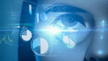 Holographic glowing eyes AI computer vision virtual reality eye eyelid lens augmented projection robot humanoid technology tracking smart digital moving retina iris innovation video