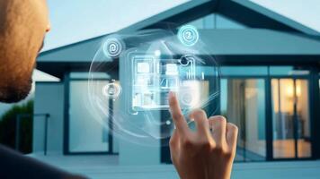 Smart home UI control center alarm system security suburban house apartment exterior cottage technology modern futuristic user interface interaction app device remote rich safety screen video